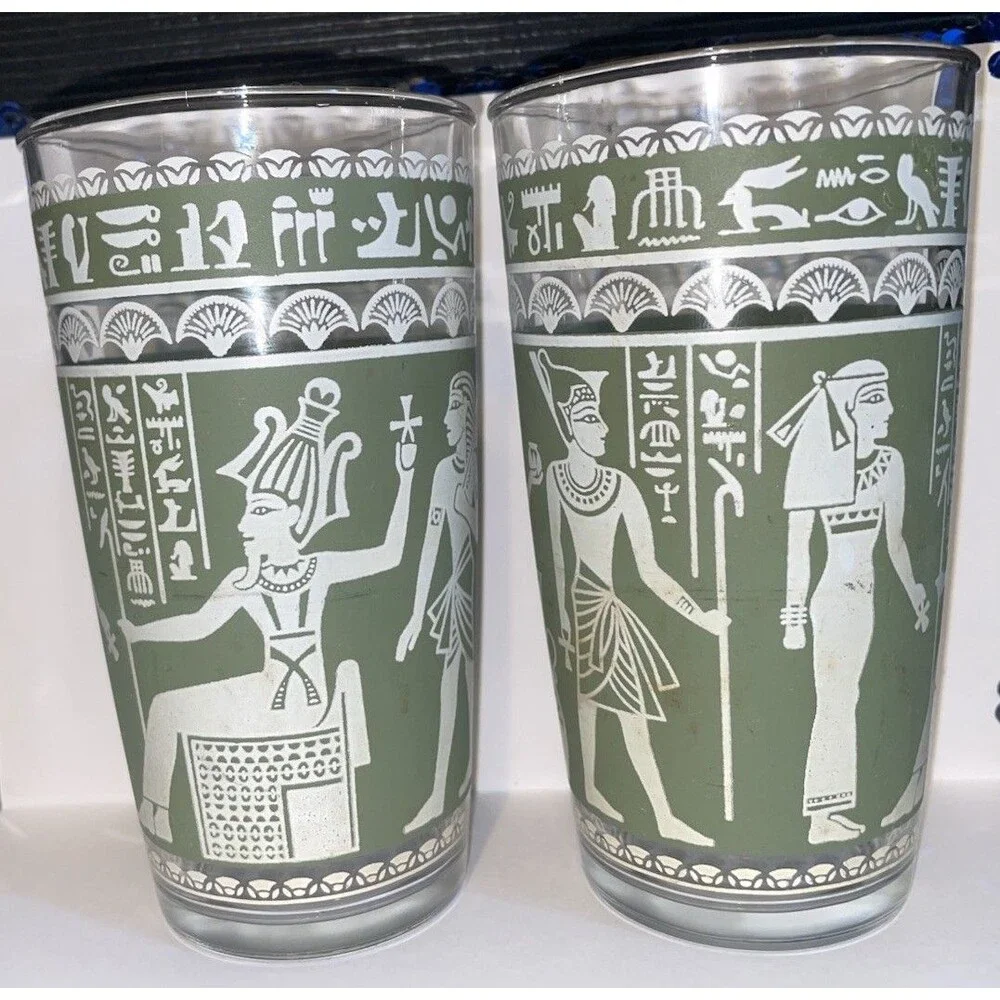 Vintage 1960s Hazel-Atlas Egyptian Pharaoh Green Glass Tumblers Set of 2 MCM